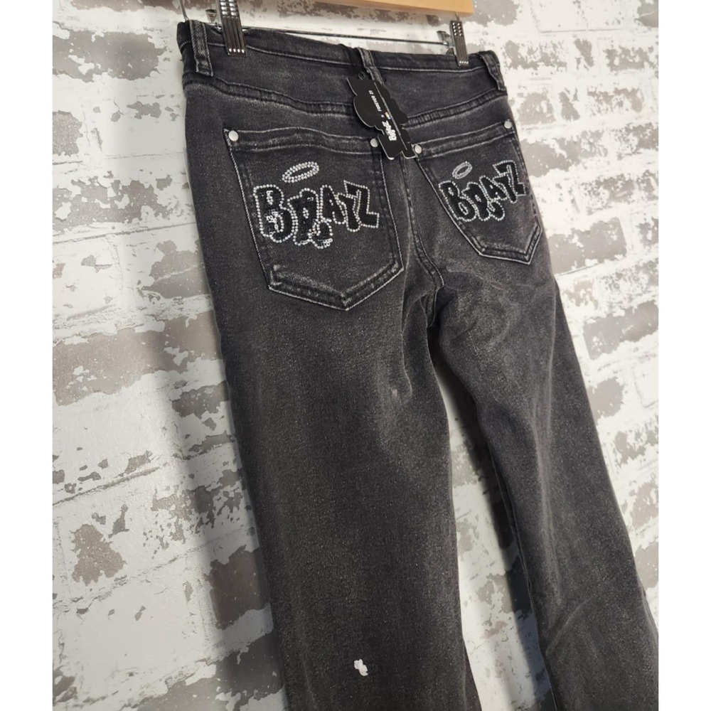 Forever 21 Bratz Flare Jeans 25 Black Y2K Rhinestone Logo Distressed Raw Hem - Picture 10 of 16